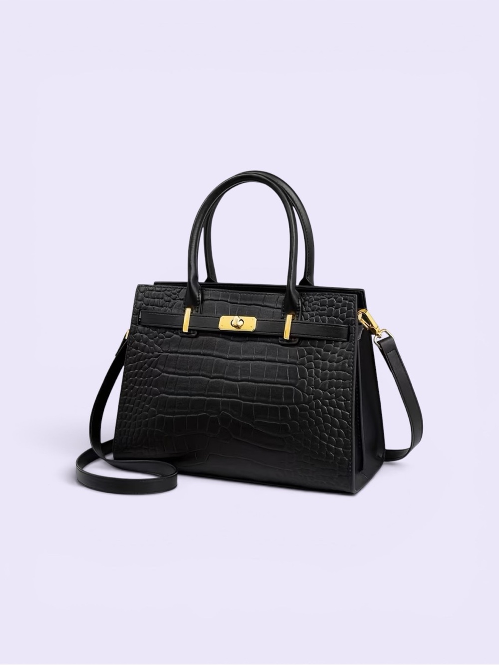 Black Croc Embossed Faux Leather Kelly-Style Satchel Bag 🖤 Gold Hardware